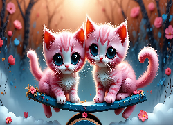 Dwa, Różowe, Koty, Grafika AI