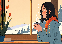 Dziewczyna, Bluza, Szal, Kubek, Wazon, Kwiaty, Okno, 2D