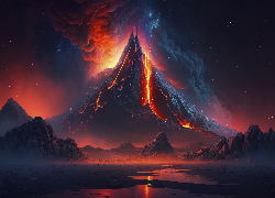 Wulkan, Erupcja, Ogień, Dym, Noc, AI