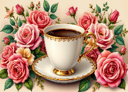 Filiżanka, Talerzyk, Kawa, Róże