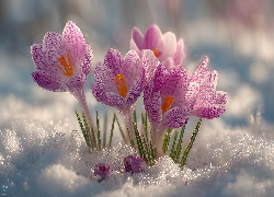 Rozkwitające, Różowe, Krokusy, Śnieg, Grafika AI
