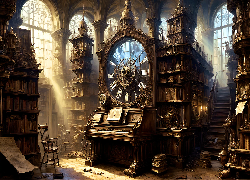 Steampunk, Wehikuł czasu, Organy, Zegar, Wnętrze, Fantasy