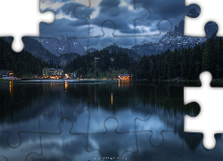 Góry, Dolomity, Jezioro, Misurina Lake, Hotel, Grand Hotel Misurina, Domy, Cortina dAmpezzo, Region Cadore, Włochy