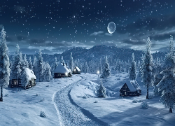 Zima, Droga, Drzewa, Domy, Księżyc, Noc, 2D