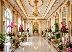 Wnętrze, Hol, Bukiety, Kolorowe, Kwiaty, Donice, Fotele, Żyrandole