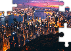 Hongkong, Wschód słońca, Oświetlone, Wieżowce, Zatoka Wiktorii, Port Wiktorii, Chiny