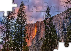 Pomarańczowa, Poświata, Wodospad, Horsetail Fall, Yosemite Firefall, Skalista, Góra, Drzewa, Park Narodowy Yosemite, Kalifornia, Stany Zjednoczone