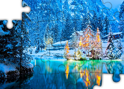 Zima, Śnieg, Dom, Drzewa, Góry, Jezioro Blausse, Odbicie, Szwajcaria