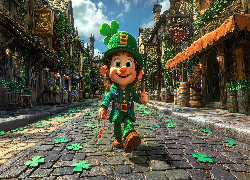 Grafika, Droga, Domy, Skrzat, Leprechaun, Czapka, Koniczyna, Listki