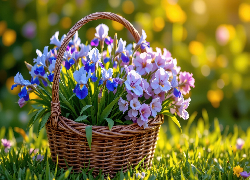 Kwiaty, Niebieskie, Irysy, Wiklinowy, Koszyk