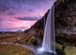 Islandia, Wodospad Seljalandsfoss, Skała, Rzeka, Chmury