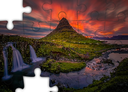 Islandia, Góra Kirkjufell, Wodospad, Zachód słońca