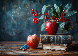 Książki, Jabłka, Gałązka, Owoce, Grafika AI