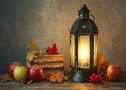 Kompozycja, Lampion, Książki, Jabłka, Czerwone, Jagody, Pożółkłe, Liście