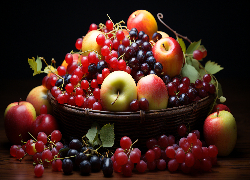 Owoce, Kosz, Jabłka, Winogrona, Czarne, Tło, Grafika
