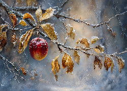 Jabłko, Gałązka, Ośnieżona, Suche, Liście, Grafika AI