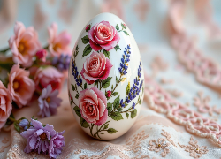 Wielkanoc, Pisanka, Jajko, Różowe, Róże, Fioletowe, Kwiaty, Serweta