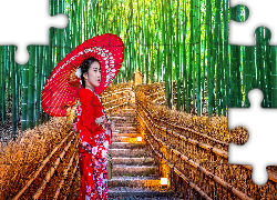 Las bambusowy, Bambusy, Drzewa, Schody, Kobieta, Japonka, Strój japoński, Parasolka, Arashiyama Bamboo Forest, Kioto, Japonia