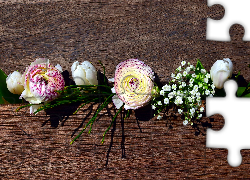Kwiaty, Jaskier, Tulipany, Gipsówka, Deski