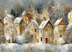 Ośnieżone, Domy, Drzewa, Zima, Grafika AI