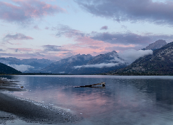 Wschód słońca, Góry, Opadająca, Mgła, Jezioro, Jasper Lake, Park Narodowy Jasper, Kanada