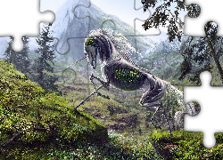 Koń, Szkielet, Jednorożec, Góry, Fantasy, Art