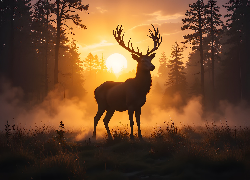 Przyroda, Natura, Las, Drzewa, Zwierzę, Dzikie, Leśne, Sarna, Rogi, Polana, Mgła, Niebo, Zachód, Słońca