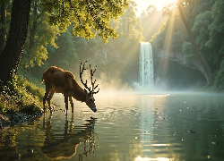 Jeleń, Jezioro, Wodospad, Drzewo, Słoneczny blask