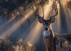 Jeleń, Las, Przebijające światło, Grafika AI