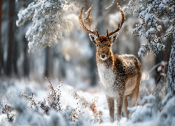 Jeleń, Zima, Śnieg, Grafika AI