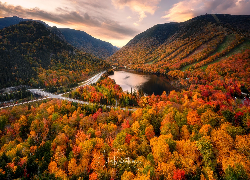 Jesień, Jezioro, Echo Lake, Góry, White Mountains, Las, Drzewa, Droga, Stan New Hampshire, Stany Zjednoczone