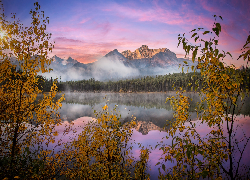 Kanada, Park Narodowy Banff, Góry, Canadian Rockies, Jezioro, Herbert Lake, Mgła, Jesień, Drzewa