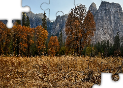 Park Narodowy Yosemite, Drzewa, Jesień, Pożółkła, Trawa, Góry, Szczyt Cathedral Peak, Kalifornia, Stany Zjednoczone