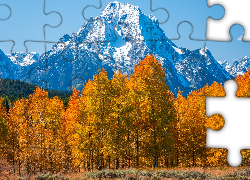 Jesień, Park Narodowy Grand Teton, Góry, Teton Range, Drzewa, Stan Wyoming, Stany Zjednoczone