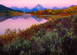 Stany Zjednoczone, Wyoming, Park Narodowy Grand Teton, Góry, Jezioro, Drzewa, Jesień