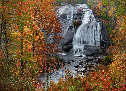 Jesień, Skały, Wodospad, High Falls, Kolorowe, Drzewa, Karolina Północna, Stany Zjednoczone