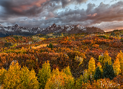 Góry, San Juan Mountains, Jesień, Drzewa, Niebo, Chmury, Kolorado, Stany Zjednoczone
