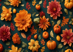 Jesień, Kwiaty, Liście, Dynie, Grafika
