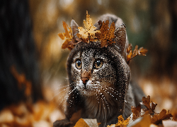 Kot, Wełniana, Czapka, Suche, Liście, Grafika AI