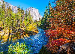 Stany Zjednoczone, Jesień, Kalifornia, Park Narodowy Yosemite, Rzeka, Merced River, Góry, Drzewa