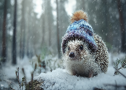 Jeż, Czapka, Zima, Grafika