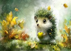 Jeż, Jabłko, Liście, Grafika AI