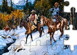Zima, Las, Góry, Mężczyźni, Jeźdźcy, Konie, Malarstwo, Jerry Crandall