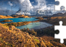 Góry, Cordillera del Paine, Chmury, Jeziora, Park Narodowy Torres del Paine, Patagonia, Chile