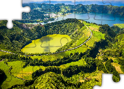 Jeziora, Lagoa de Santiago, Góry, Wzgórza, Drzewa, Gmina Ponta Delgada, Wyspa Sao Miguel, Azory, Portugalia