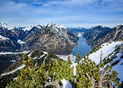 Zima, Góry, Jezioro, Achensee, Krzewy, Drzewa, Dolina, Achental, Austria