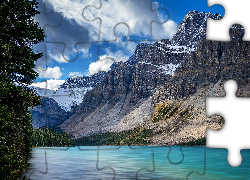 Góry, Góra, Crowfoot Mountain, Drzewa, Jezioro, Bow Lake, Park Narodowy Banff, Kanada, Alberta