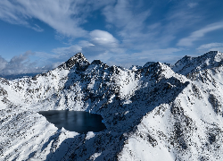 Zima, Góry, Pireneje, Śnieg, Jezioro, Etang Blaou, Ariege, Francja