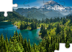 Las, Drzewa, Góry Kaskadowe, Góra, Mount Rainier, Jezioro, Eunice Lake, Park Narodowy Mount Rainier, Stan Waszyngton, Stany Zjednoczone