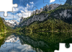 Góry Dachstein, Jezioro Gosau, Vorderer Gosausee, Drzewa, Chmury, Odbicie, Austria